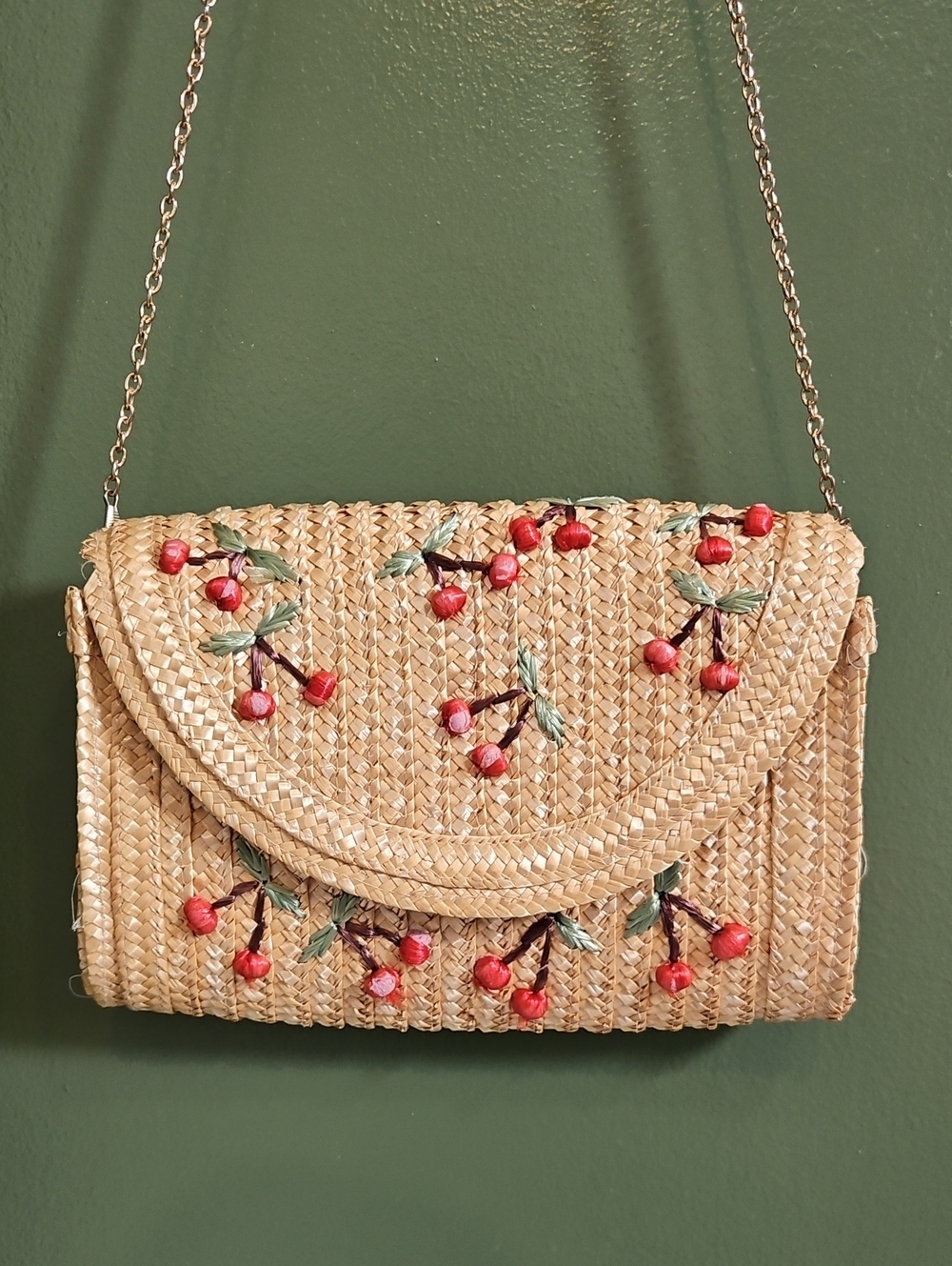 Straw Crossbody Bag with Red Cherry Embroidery